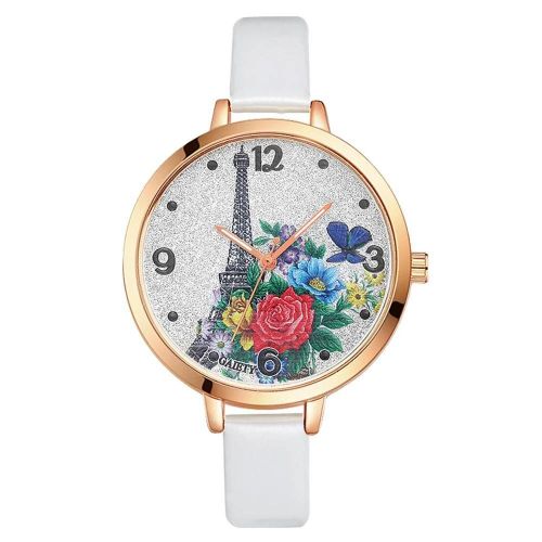 Gaiety Fleurs Mode Tour Eiffel Motif Cadran Pu Bracelet Quartz Montre Analogique Montre-Bracelet (Blanc)