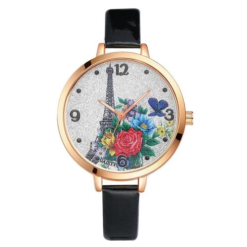 Gaiety Fleurs Mode Tour Eiffel Motif Cadran Pu Bracelet Quartz Montre Analogique Montre-Bracelet (Noir)