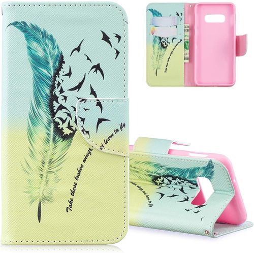 Galaxy S10 Plus Coque Plume Colore Slim Housse tui Pu Cuir Housse Coquille Couverture Fonction Stand Compatible With Samsung Galaxy S10 Plusblue Yellow Feather