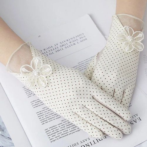 Gants De Conduite Sexy En Coton Mince Pour Femmes, La Mode,Gants De Conduite Sexy En Coton,Protection Solaire Uv,Court N?ud Papillon De Fleurs I29 - Type B Beige-Palm Width 8.2cm