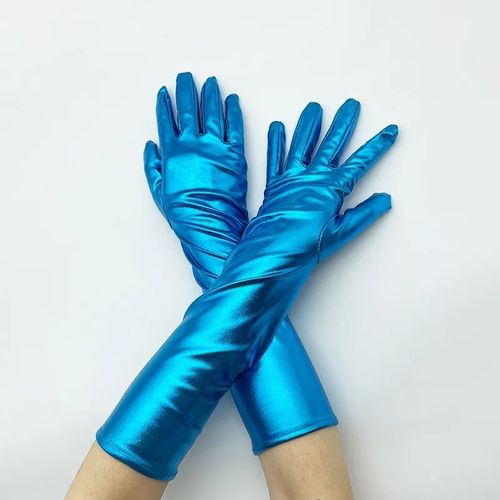 Gants Mtalliques En Faux Cuir Pour Femmes,Aspect Dos Or Et Argent,Mitaines De Performance De Soire,Gants Longs En Latex,Longueur De Coude Sexy - Type Bleu-M