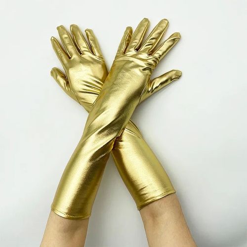 Gants Mtalliques En Faux Cuir Pour Femmes,Aspect Dos Or Et Argent,Mitaines De Performance De Soire,Gants Longs En Latex,Longueur De Coude Sexy - Type Or-M