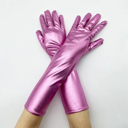 Gants Mtalliques En Faux Cuir Pour Femmes,Aspect Dos Or Et Argent,Mitaines De Performance De Soire,Gants Longs En Latex,Longueur De Coude Sexy - Type Pink-M