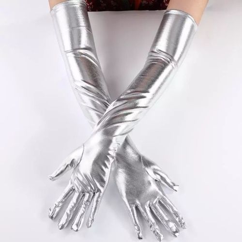 Gants Mtalliques En Faux Cuir Pour Femmes,Aspect Dos Or Et Argent,Mitaines De Performance De Soire,Gants Longs En Latex,Longueur De Coude Sexy - Type Svl