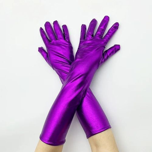 Gants Mtalliques En Faux Cuir Pour Femmes,Aspect Dos Or Et Argent,Mitaines De Performance De Soire,Gants Longs En Latex,Longueur De Coude Sexy - Type Violet-M