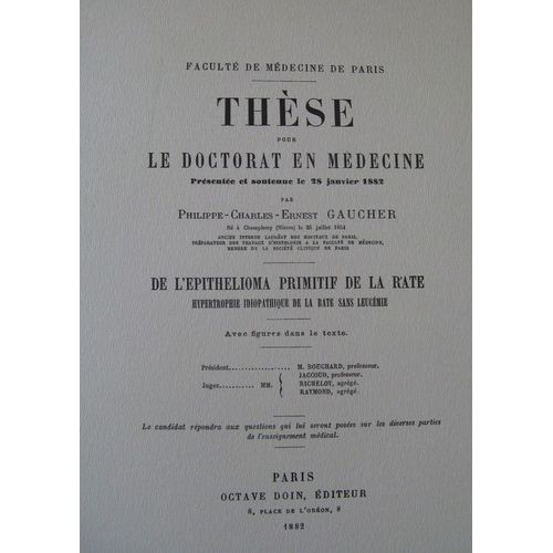 De L'epithelioma Primitif De La Rate   de GAUCHER, Philippe Charles Ernest   Format Album (Livre)