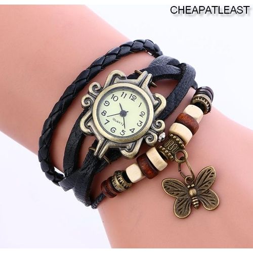 Ge Ge Femmes Cuir Bracelet Bracelet Rtro Pendentif Papillon Weave Wrap Quartz (Collee)
