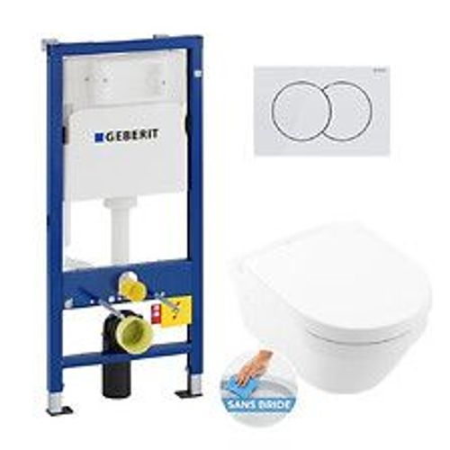 Geberit Pack Wc Bati Up100 + Wc Sans Bride Villeroy Et Boch Architectura, Fixations Invisibles + Abattant + Plaque Blanche