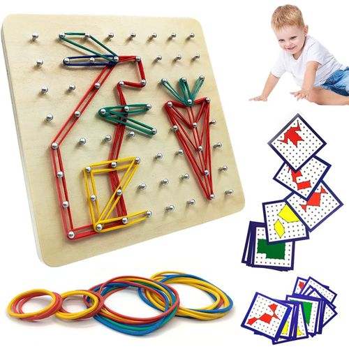 Goboard En Bois Avec Cartes De Motifs D'activit Et Rubber Band - 8x8 pingles Pegboard Avec Bande De Caoutchouc Puzzle De Forme