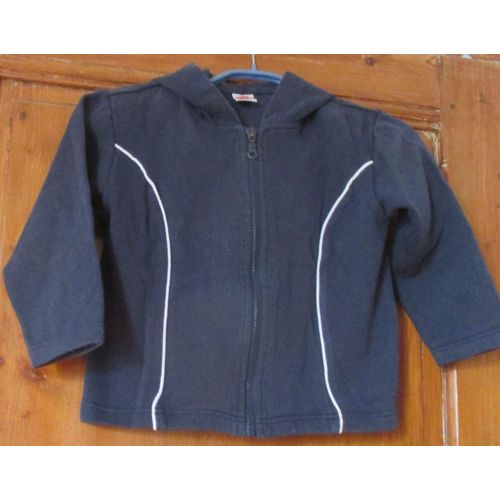 Gilet/Blouson Avec Capuche - Fermeture clair, Manches Longues, Sans Poches-Bleu Marine Avec Galon Blanc Sur Chaque Ct Du Devant - Kids Club Taille 2/3ans- 60%Coton/40%Polyester-Ancien Et Dj Port