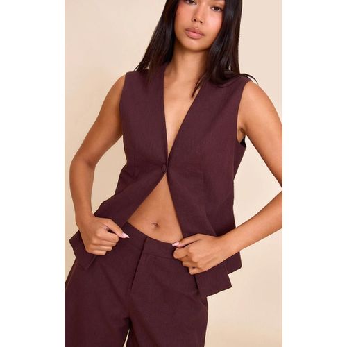 Gilet En En Lin Deluxe Chocolat Profond  Bouton, Chocolat Profond