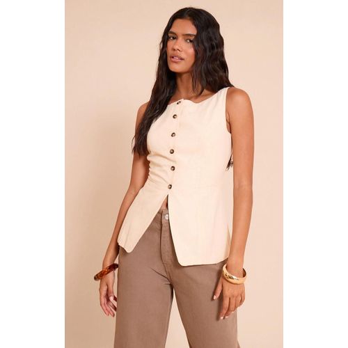 Gilet Long En Effet Lin Crme  Col Carr, Crme