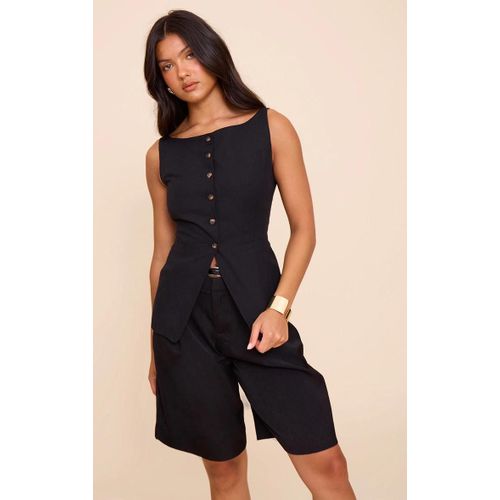 Gilet Long En Effet Lin Noir  Col Carr, Noir