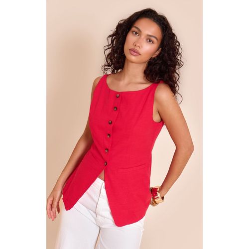 Gilet Long En Effet Lin Rouge  Col Carr, Rouge