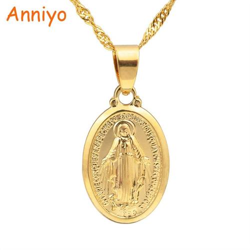 Gold Color-With 45cm Thin Chain -Anniyo Collier  Pendentif Vierge Mary Femmes,Bijoux De Notre Dame,Couleur Argent/Or,Vente En Gr