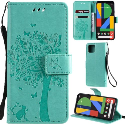 Google Pixel 4 Coque Motif Arbre Chat Pu Cuir Flip Housse tui Cover Case Wallet Portefeuille Support Avec Porte-Cartes Pour Google Pixel 4-Vert