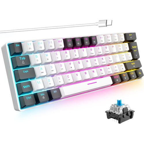 Gothicana By Emp60% Clavier Mecanique Gaming Rtro-clairage Commutateur Bleu Usb  Type-C Filaire Mini Compact Ergonomique Anti-Ghosting Pour Windows Mac Pc Ps4 Xbox Gamer Voyage(Blanc & Noir)
