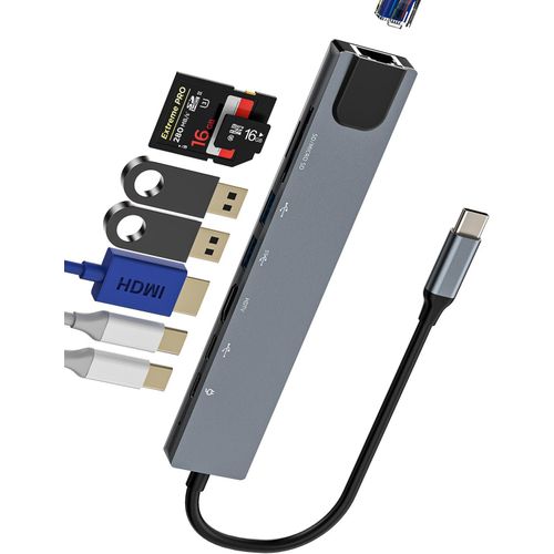GOTHICANA BY EMPHub Usb C Vers Usb 3.0 Lecteur Carte Sd Micro Sd Hdmi Rj45 Ethernet Adaptateur(8En1) Chargeur Jack Multiprise Dock Stations D'Accueil Ordinateur Portable Apple Iphone 15 Pro Max Plus