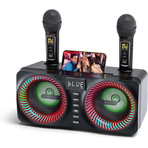GOTHICANA BY EMPMachine Karaok Avec clairage Multicolore Et 2 Microphones Sans Fil Uhf, Double Haut-Parleur Haute Puissance De 15 W, Support Carte Tf/Usb, Entre Aux, Rouge