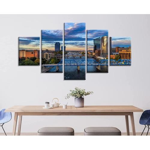 Grand Rapids Au Coucher Du Soleil Avec Rivire Et Pont Dcoration Murale Michigan Skyline Magnifique Paysage Nuageux Sur Toile Dcoration Murale 100 X 55 Cm. (Sans Cadre)