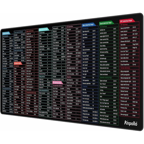Grand tapis de souris avec logiciel de bureau, raccourcis clavier, cls Multiduty, confortable, tapis de souris de jeu pour bureau, raccourcis clavier Excel, noir