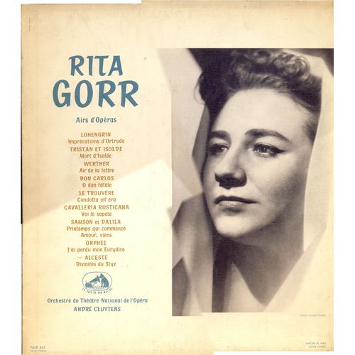 Grands Airs Lyriques Extraits De : Lohengrin, Tristan Et Isolde, Werther, Don Carlos, Le Trouvre, Cavalleria Rusticana, Samson Et Dalila, Orphe, Alceste (La Voix De Son Matre  Falp 615) - Rita Gorr, Orchestre Du Thtre National De L'opra, Andr Cluytens, Richard Wagner, Jules Massenet, Giuseppe Verdi, Pietro Mascagni, Camille Saint-Saens, Christoph Willilbad Glck