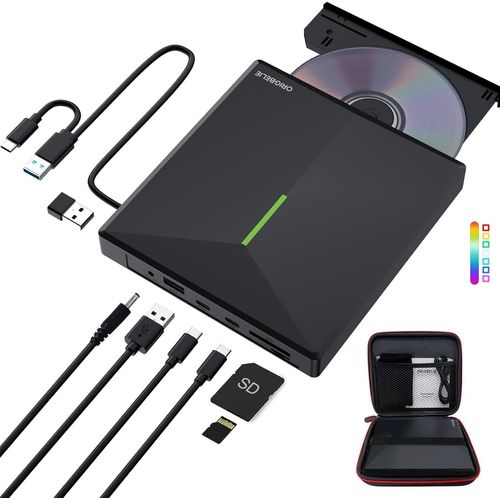 Graveur DVD Externe avec 4 Ports USB et 2 Emplacements pour Carte TF/SD, Lecteur CD Externe pour PC, Ordinateur Portable, MacBook, Windows 11/10/8/7 Linux Mac OS avec Bote de Rangement