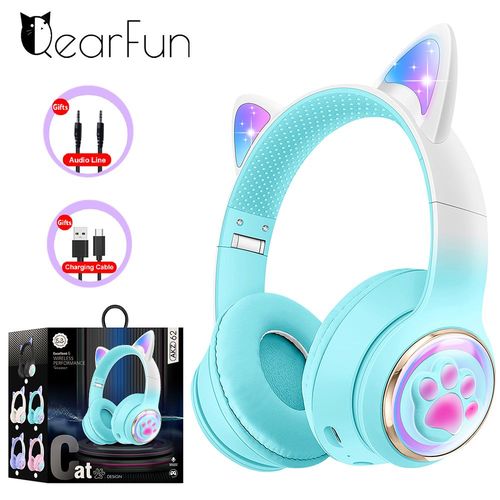 Green with box Casque sans fil d'oreille de chat RVB pour PC, capsule spatiale 3D mignonne, casque Bluetooth, casque de jeu pliable pour enfants,x pour filles 