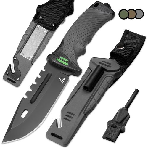 Grey Couteau De Survie  Lame Fixe 12 Cm Acier Inoxydable Couteau De Chasse Couteau Tatou Machette Camping Accessoires Allume Feu Et Pierre  Aiguisseur Inclus