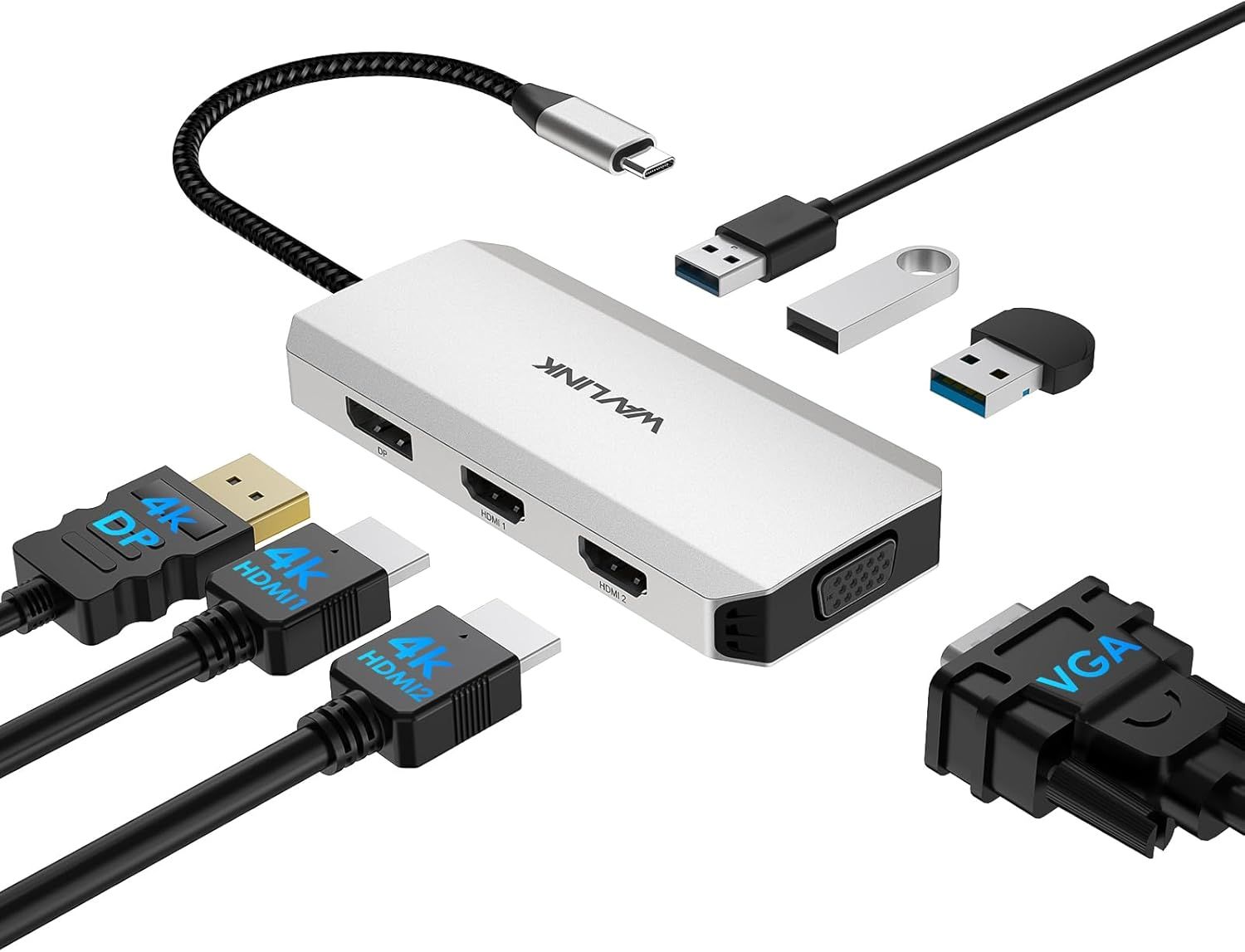 Hamiltion-Adaptateur Usb C  Double Hdmi 4K 60Hz, Station D'Accueil Usb C 7 En 1 Avec 2 Hub Hdmi Displayport Vga, Rpartiteur Usb C 4 crans tendus, Adaptateur Usb C Multiport Sur Macbook/Dell/Hp/Le