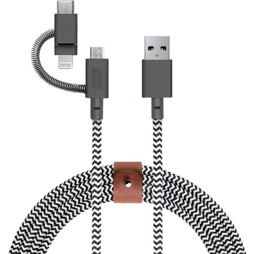 Hamiltion-Belt Cble Universel-Cble De Chargement Renforc Ultra Rsistant De 2 M [Certifi Mfi] Avec Adaptateur 3 En 1 Pour Appareils Lightning, Usb-C Et Micro-Usb (Zebra)