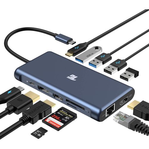 Hamiltion-Hub Usb C, Adaptateur Usb C, Adaptateur Triple cran 12 En 1 Avec Double 4K Hdmi, Displayport, 100W Pd 3.0, Ethernet Rj45, Ports Usb-A Usb-C, Lecteur De Carte Tf/Sd
