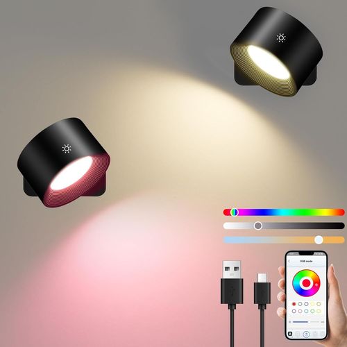 Hamiltion-Smart Applique Murale Intrieure 2 Pack, Rechargeable Lampe Murale, Intensit Variable Lampe De Chevet Tactile Rotatif  360, Rgb Et Ambiance Modes, App Et Contrle Tactile, Noir