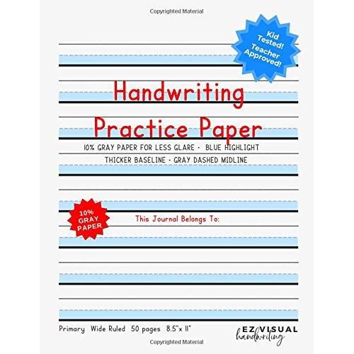 Handwriting Practice Paper: Blue Highlight + Gray Paper Composition Journal Improves Handwriting For Kids | Visual Handwriting With Visual Cues Grades K-2 Kindergarten Early Creative Writing Tablet-Te   de EZ Visual Handwriting  Format Broch 