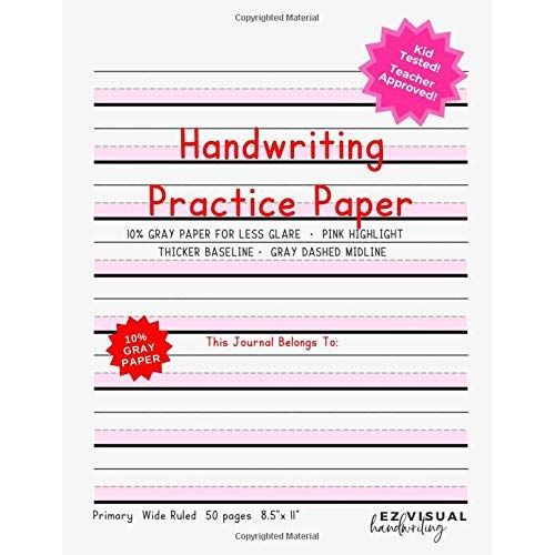 Handwriting Practice Paper: Pink Highlight + Gray Paper Composition Journal Improves Handwriting For Kids | Visual Handwriting With Visual Cues Grades K-2 Kindergarten Early Creative Writing Tablet-Te   de EZ Visual Handwriting  Format Broch 