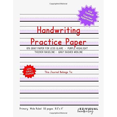 Handwriting Practice Paper: Purple Highlight Gray Paper Composition Journal Improves Handwriting For Kids | Visual Handwriting With Visual Cues Grades K-2 Kindergarten Early Creative Writing Tablet-Te   de EZ Visual Handwriting  Format Broch 