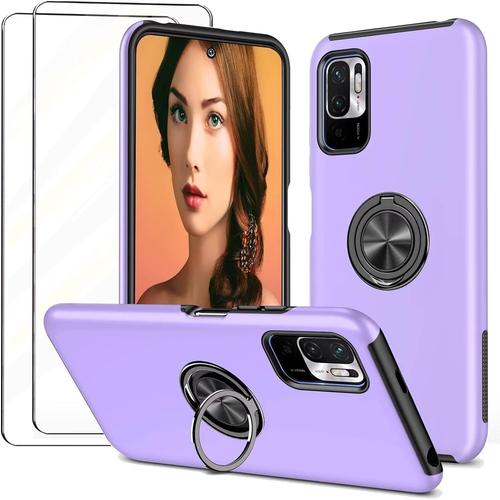 Handyhlle Fr Xiaomi Redmi Note 10 5g/Poco M3 Pro Mit 2 Stck Schutzfolie,Draussen Hlle Mit Magnetisch Ring Unsichtbare Halterung,Tpu Flexibler Rahmen + Harte Pc Rckseite Case,Purple