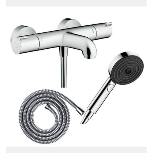 Hansgrohe - Pack Mitigeur Bain Thermostatique Ecostat 1001cl + Flexible Metaflex + Pommeau Pulsify Select Ecosmart 105 3jets Chrom - Rose