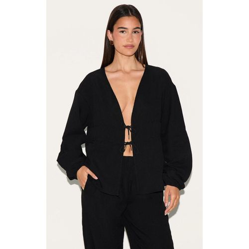 Haut Plongeant  Manches Longues Fronc Sur Le Ct Effet Lin Noir, Noir
