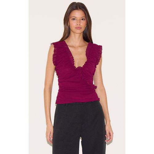 Haut Sans Manches Prune En Mousseline De Soie  Volants Froncs, Prune