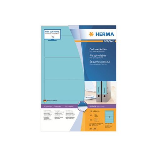Herma Special - tiquettes En Papier Opaques Mates Autocollantes Permanentes Pour Dossiers - Bleu - 192 X 61 Mm 400 tiquette(S) ( 100 Feuille(S) X 4 )