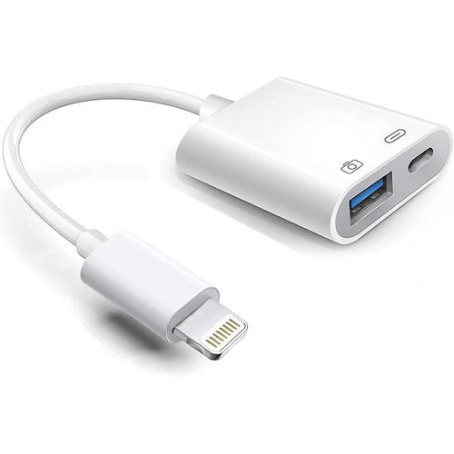 Hilewa Adaptateur de camra Lightning vers USB avec port de chargement cble USB 3.0 certifi Apple Mfi Otg pour iPhone 14 13 12 11 X 8 7 iPad vers cl USB carte