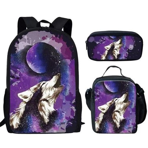 Hip Hop Jeune Loup De Lune Loup De Lune Impression 3d 3 Pieces/Ensemble Sacs De Voyage Pour Etudiants Sac  Dos Pour Ordinateur Portable Sac  Dos Sac  Dejeuner Trousse  Crayons