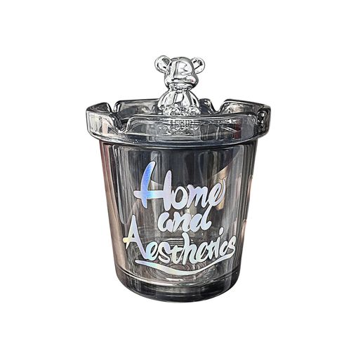 HJLIAN Cendrier en forme d'ours mignon avec couvercle, isolation mignonne, cendrier en verre a structure separee exquise pour tables basses et bars, gris fume
