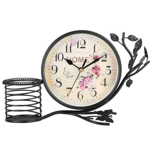 Hjlian Horloge De Bureau De Jardin, Salon Moderne, Support En Fer Silencieux, Porte-Stylo (Noir)