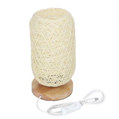 Hjlian Lampe De Table Led En Bois Massif, Ficelle, Rotin, Boule De Lin, Petite Lampe De Table Avec Prise Usb Et Bouton