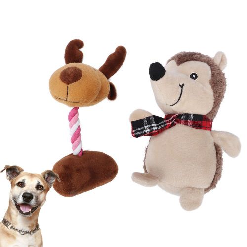 HJLIAN Lot de 2 jouets en peluche doux et non toxiques en forme de herisson, de cerf, de Noel, pour le nettoyage des dents, la protection et la mastication des dents, pour chien