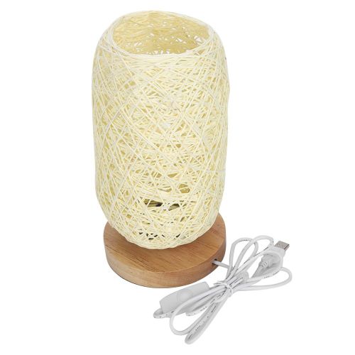 Hjlian Petite Lampe De Table Led En Bois Massif, Ficelle, Rotin Et Lin, Prise Usb, Variateur D'intensite