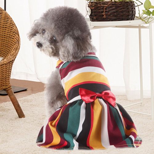 Hjlian Robe D'ete Pour Chien, Motif Arc-En-Ciel A Rayures Colorees, Joli Noud Papillon, Jupe Pour Chiot, Vetements Pour Animaux De Compagnie (S)
