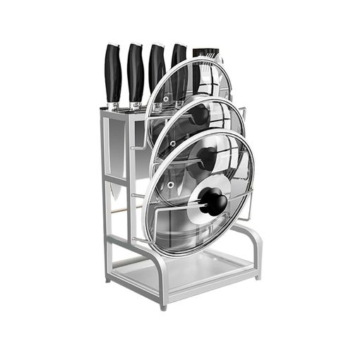 Hjlian Support De Couvercle De Casserole 2 En 1, Support De Couteaux, Organisateur De Rangement De Cuisine Multifonctionnel En Acier Inoxydable 304, Couleur Unie Avec 3 Emplacements Pour Couteaux Et 1 Support Pour Baguettes